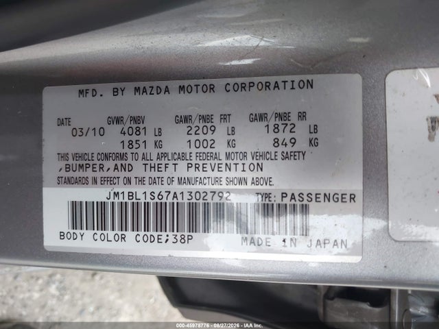 45978776 :رقم المزاد ، JM1BL1S67A1302792 vin ، 2010 Mazda Mazda3 S Sport مزاد بيع