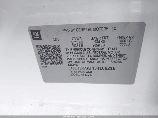 2018 Chevrolet Sonic Lt Auto მანქანა იყიდება აუქციონზე, vin: 1G1JD5SB4J4106216, აუქციონის ნომერი: 45978781