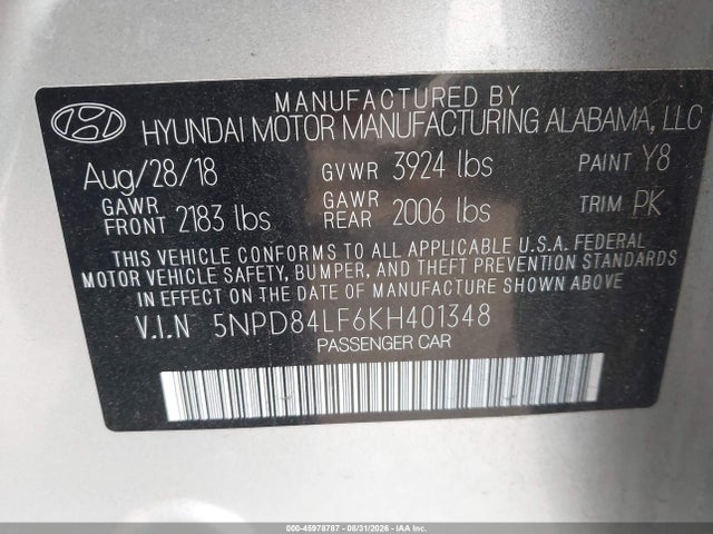 Продаж на аукціоні авто 2019 Hyundai Elantra Limited, vin: 5NPD84LF6KH401348, номер лоту: 45978787