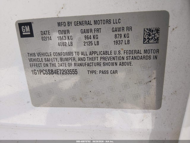 45978792 :رقم المزاد ، 1G1PC5SB4E7293555 vin ، 2014 Chevrolet Cruze 1lt Auto مزاد بيع