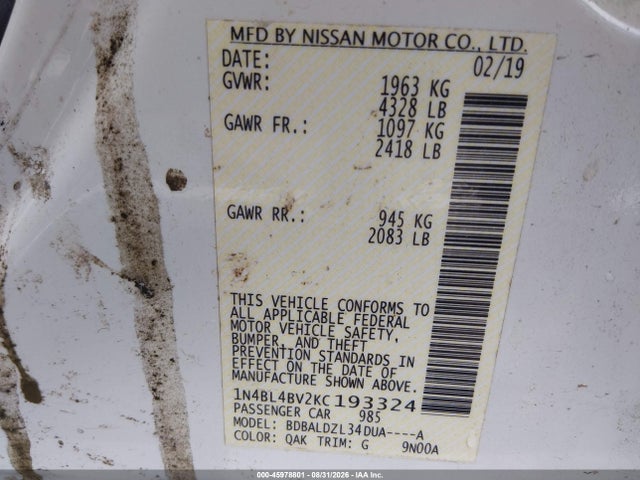 Продаж на аукціоні авто 2019 Nissan Altima 2.5 S, vin: 1N4BL4BV2KC193324, номер лоту: 45978801