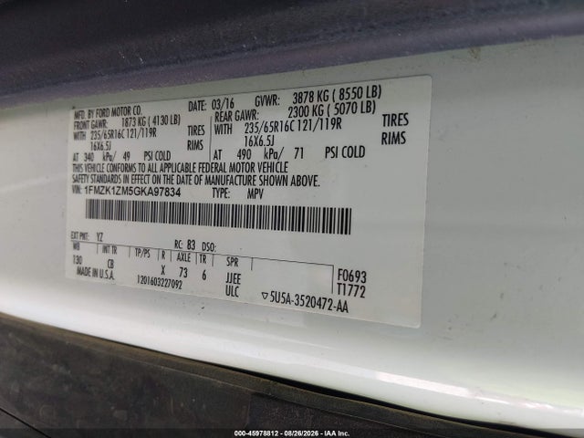 45978812 :رقم المزاد ، 1FMZK1ZM5GKA97834 vin ، 2016 Ford Transit-150 Xl مزاد بيع