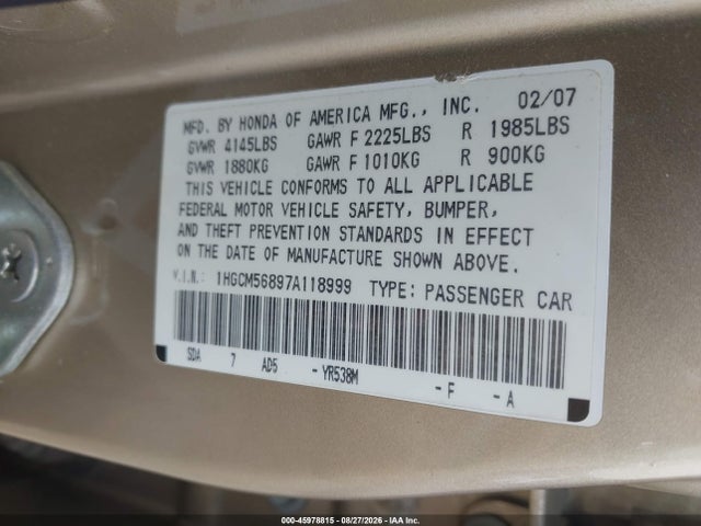45978815 :رقم المزاد ، 1HGCM56897A118999 vin ، 2007 Honda Accord 2.4 Ex مزاد بيع