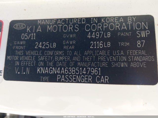Aukcja sprzedaży 2011 Kia Optima Ex Turbo, vin: KNAGN4A63B5147961, numer aukcji: 45978825