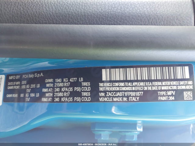45978834 :رقم المزاد ، ZACCJABT1FPB81877 vin ، 2015 Jeep Renegade Latitude مزاد بيع