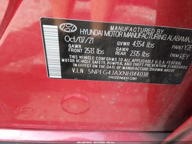 Продажа на аукционе авто 2022 Hyundai Sonata Se, vin: 5NPEG4JAXNH144018, номер лота: 45978836