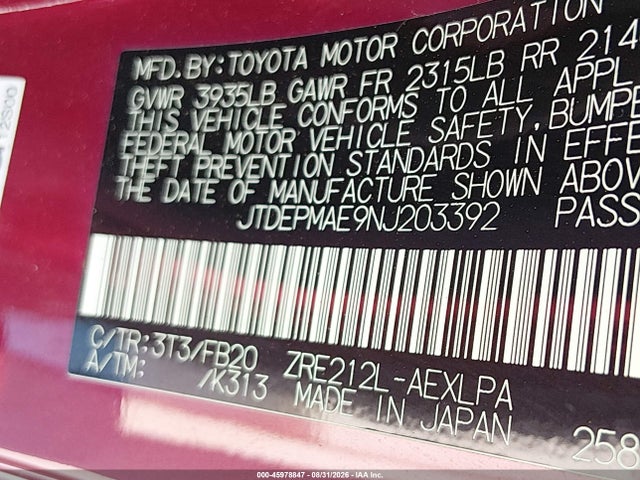 45978847 :رقم المزاد ، JTDEPMAE9NJ203392 vin ، 2022 Toyota Corolla Le مزاد بيع