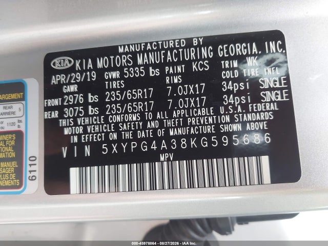 Aukcja sprzedaży 2019 Kia Sorento 2.4l Lx, vin: 5XYPG4A38KG595686, numer aukcji: 45978864