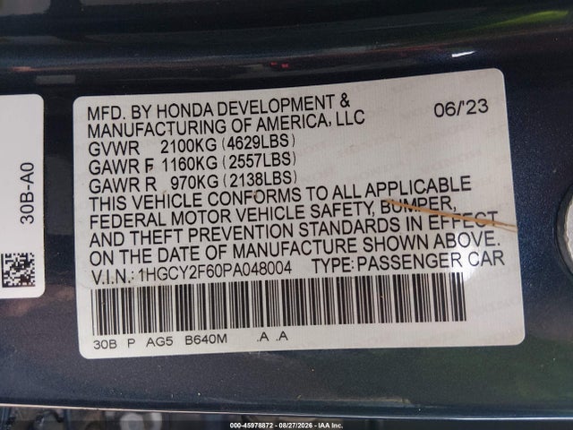45978872 :رقم المزاد ، 1HGCY2F60PA048004 vin ، 2023 Honda Accord Hybrid Ex-l مزاد بيع