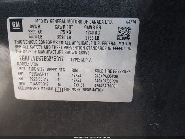Продаж на аукціоні авто 2014 Gmc Terrain Sle-1, vin: 2GKFLVEK7E6315017, номер лоту: 45978876