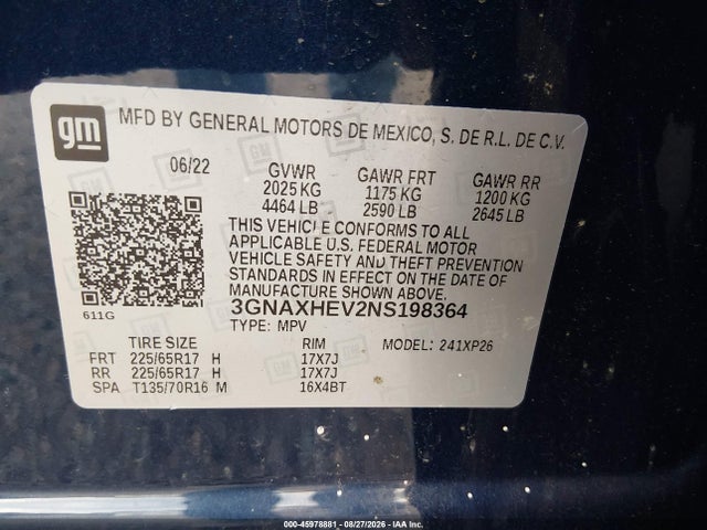 Aukcja sprzedaży 2022 Chevrolet Equinox Fwd Ls, vin: 3GNAXHEV2NS198364, numer aukcji: 45978881