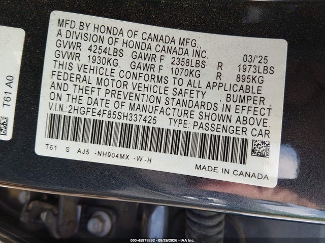 2025 Honda Civic Hybrid მანქანა იყიდება აუქციონზე, vin: 2HGFE4F85SH337425, აუქციონის ნომერი: 45978892