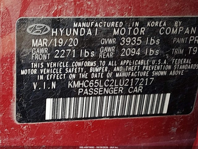 Auction sale of the 2020 Hyundai Ioniq Hybrid Blue, vin: KMHC65LC2LU217217, lot number: 45978893