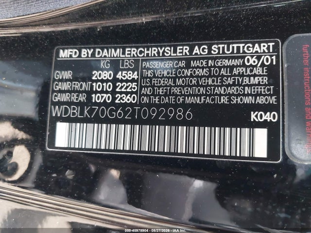 Продаж на аукціоні авто 2002 Mercedes-benz Clk 430, vin: WDBLK70G62T092986, номер лоту: 45978904