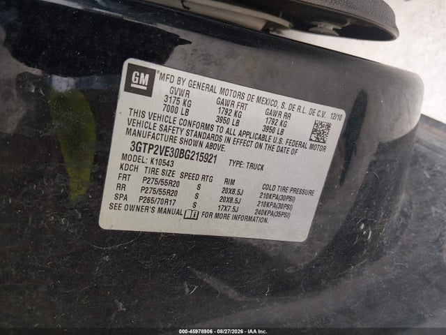45978906 :رقم المزاد ، 3GTP2VE30BG215921 vin ، 2011 Gmc Sierra 1500 Sle مزاد بيع