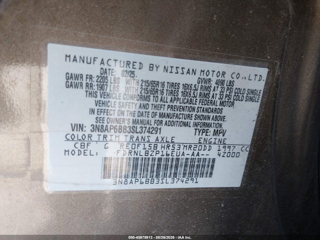 45978913 :رقم المزاد ، 3N8AP6BB3SL374291 vin ، 2025 Nissan Kicks S مزاد بيع