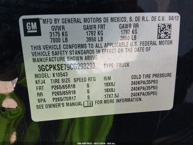 Aukcja sprzedaży 2012 Chevrolet Silverado 1500 Lt, vin: 3GCPKSE79CG293293, numer aukcji: 45978923