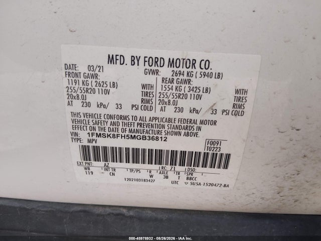 1FMSK8FH5MGB36812 Ford Explorer Limited