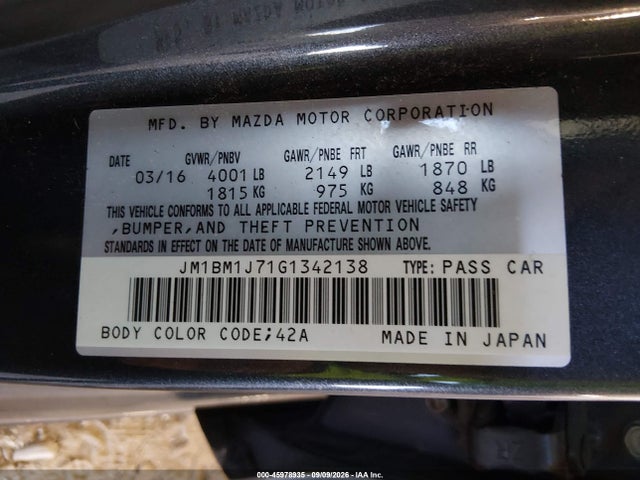45978935 :رقم المزاد ، JM1BM1J71G1342138 vin ، 2016 Mazda Mazda3 I Sport مزاد بيع