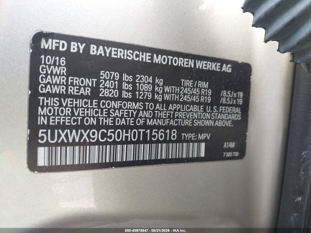 Aukcja sprzedaży 2017 Bmw X3 Xdrive28i, vin: 5UXWX9C50H0T15618, numer aukcji: 45978947