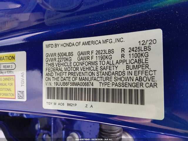 Продаж на аукціоні авто 2021 Acura Tlx A-spec Package, vin: 19UUB6F58MA006874, номер лоту: 45978949