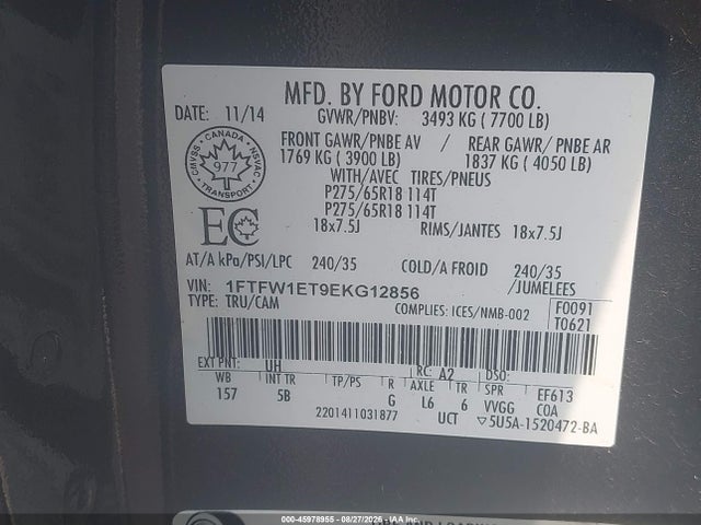 2014 Ford F-150 Fx4 მანქანა იყიდება აუქციონზე, vin: 1FTFW1ET9EKG12856, აუქციონის ნომერი: 45978955