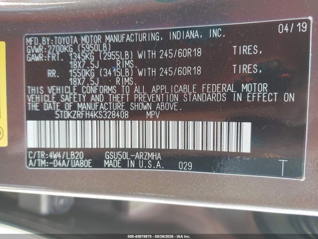 Toyota Highlander Xle 2019 5TDKZRFH4KS328408 Image 9