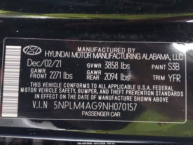 45978969 :رقم المزاد ، 5NPLM4AG9NH070157 vin ، 2022 Hyundai Elantra Sel مزاد بيع