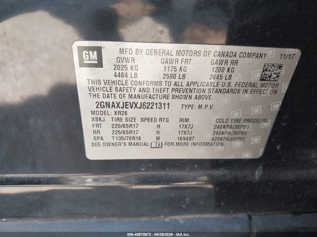 45978972 :رقم المزاد ، 2GNAXJEVXJ6221311 vin ، 2018 Chevrolet Equinox Lt مزاد بيع