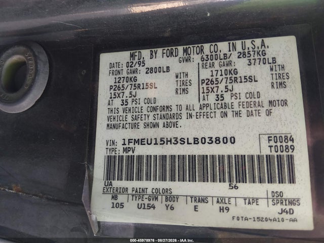 1995 Ford Bronco U100 მანქანა იყიდება აუქციონზე, vin: 1FMEU15H3SLB03800, აუქციონის ნომერი: 45978976