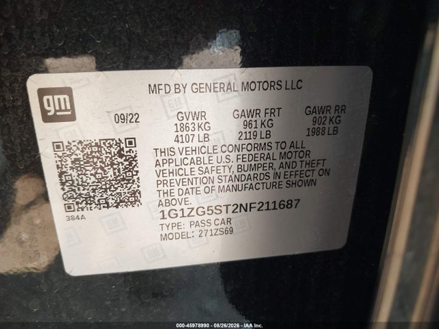 45978990 :رقم المزاد ، 1G1ZG5ST2NF211687 vin ، 2022 Chevrolet Malibu Fwd Rs مزاد بيع