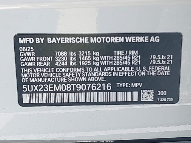 2026 Bmw X7 Xdrive40i მანქანა იყიდება აუქციონზე, vin: 5UX23EM08T9076216, აუქციონის ნომერი: 45978997