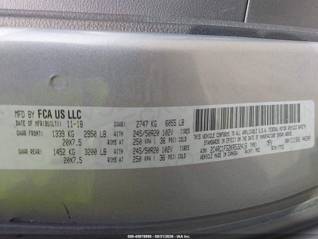 2019 Chrysler Pacifica Touring Plus მანქანა იყიდება აუქციონზე, vin: 2C4RC1FG2KR532416, აუქციონის ნომერი: 45978998