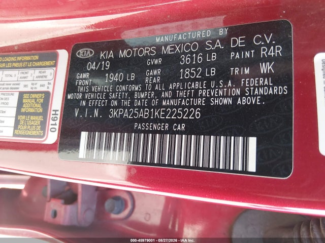 45979001 :رقم المزاد ، 3KPA25AB1KE225226 vin ، 2019 Kia Rio 5-door S مزاد بيع
