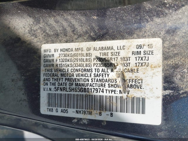 Aukcja sprzedaży 2016 Honda Odyssey Ex-l, vin: 5FNRL5H65GB017974, numer aukcji: 45979023