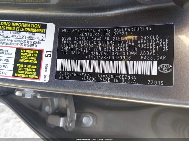 45979036 :رقم المزاد ، 4T1C11AK3LU973916 vin ، 2020 Toyota Camry Le مزاد بيع