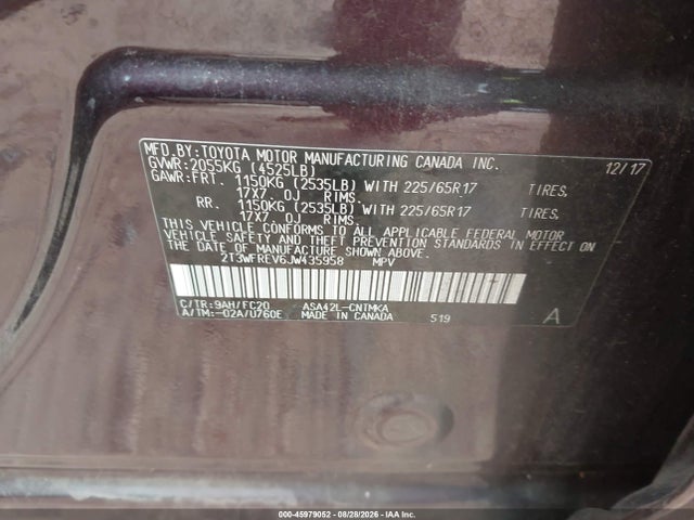 Aukcja sprzedaży 2018 Toyota Rav4 Xle, vin: 2T3WFREV6JW435958, numer aukcji: 45979052