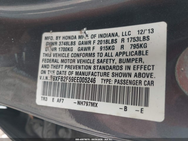 2014 Honda Civic Lx მანქანა იყიდება აუქციონზე, vin: 19XFB2F59EE005246, აუქციონის ნომერი: 45979078