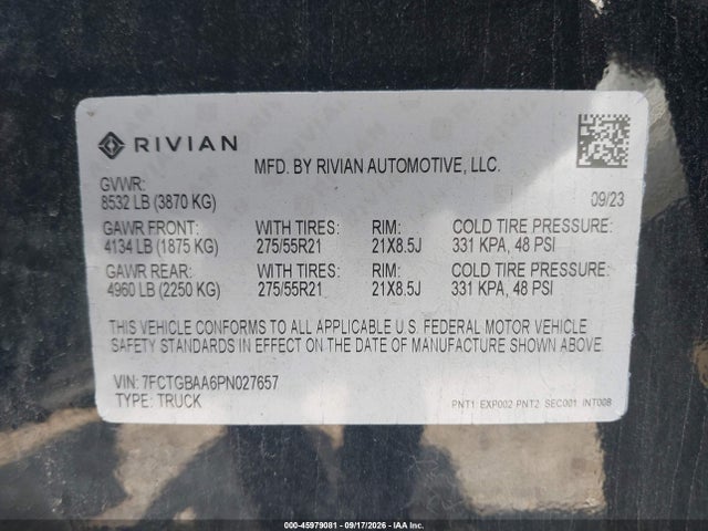 45979081 :رقم المزاد ، 7FCTGBAA6PN027657 vin ، 2023 Rivian R1t Adventure/adventure Dual Motor Large Pack/adventure Dual Motor Max Pack مزاد بيع