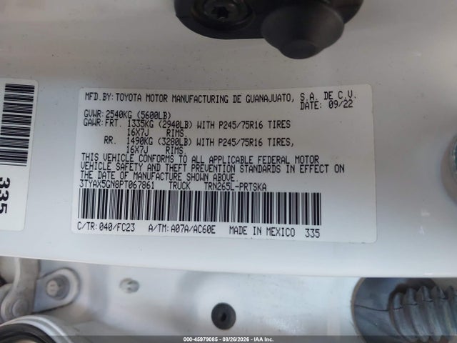 2023 Toyota Tacoma Sr5 მანქანა იყიდება აუქციონზე, vin: 3TYAX5GN8PT067861, აუქციონის ნომერი: 45979085