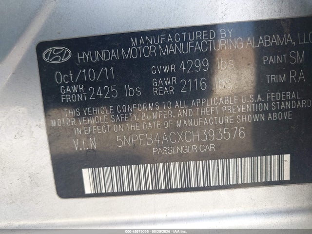 45979095 :رقم المزاد ، 5NPEB4ACXCH393576 vin ، 2012 Hyundai Sonata Gls مزاد بيع