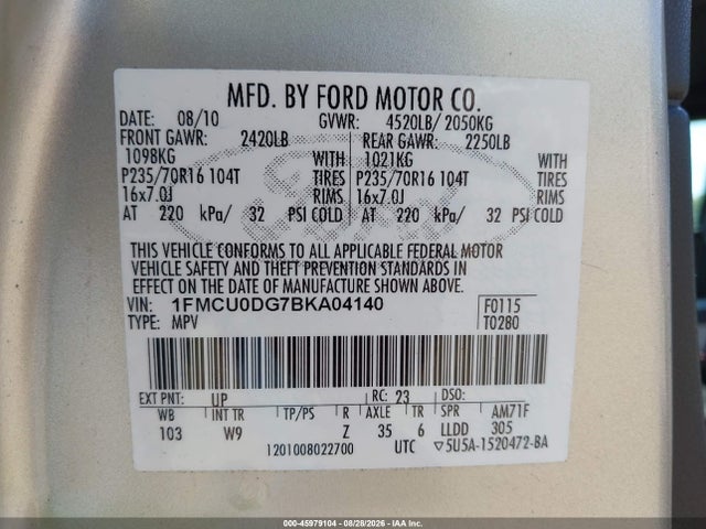 Aukcja sprzedaży 2011 Ford Escape Xlt, vin: 1FMCU0DG7BKA04140, numer aukcji: 45979104