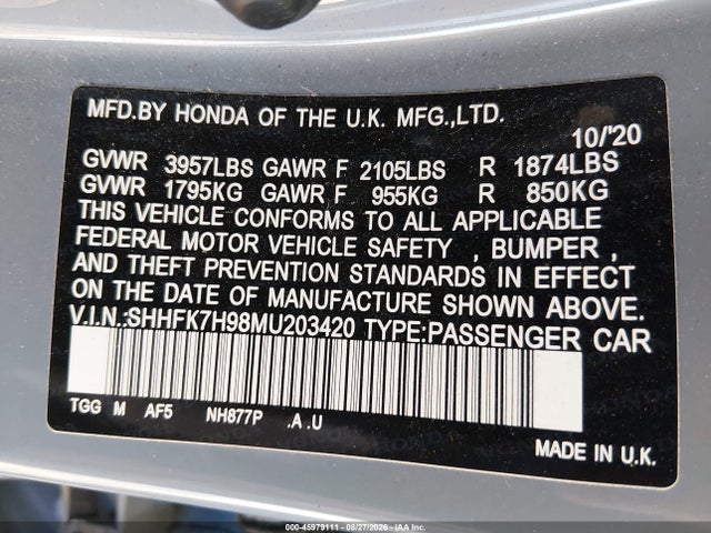 Продажа на аукционе авто 2021 Honda Civic Sport Touring, vin: SHHFK7H98MU203420, номер лота: 45979111