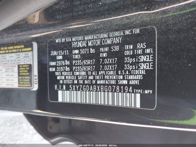 45979112 :رقم المزاد ، 5XYZGDABXBG078194 vin ، 2011 Hyundai Santa Fe Gls مزاد بيع