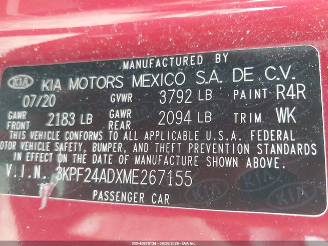 Продаж на аукціоні авто 2021 Kia Forte Lxs, vin: 3KPF24ADXME267155, номер лоту: 45979134