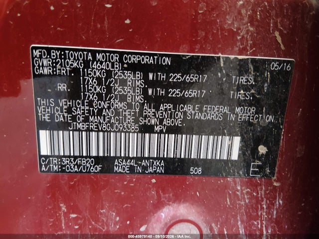 45979140 :رقم المزاد ، JTMBFREV8GJ093385 vin ، 2016 Toyota Rav4 Le مزاد بيع