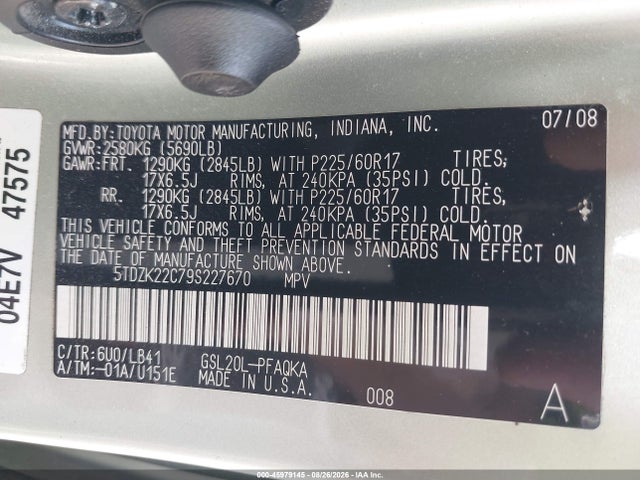 45979145 :رقم المزاد ، 5TDZK22C79S227670 vin ، 2009 Toyota Sienna Xle مزاد بيع