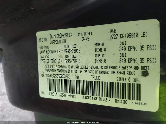 Продаж на аукціоні авто 2005 Dodge Dakota Slt, vin: 1D7HE42K95S283235, номер лоту: 45979151