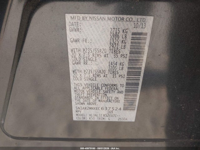 Aukcja sprzedaży 2014 Nissan Pathfinder Platinum, vin: 5N1AR2MNXEC637524, numer aukcji: 45979160