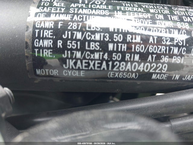 2008 Kawasaki Ex650 A მანქანა იყიდება აუქციონზე, vin: JKAEXEA128A040229, აუქციონის ნომერი: 45979166